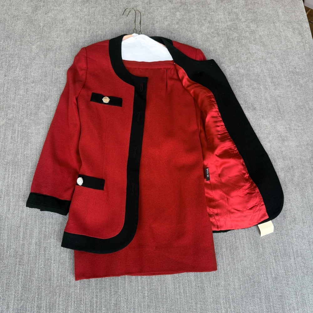 Vtg Albert Nipon Two-Piece Suit Set Blazer & Skirt Womens 0 Red Lined Black Trim
